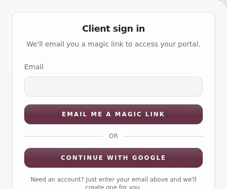Client sign-in card showing magic link and Google sign-in options.