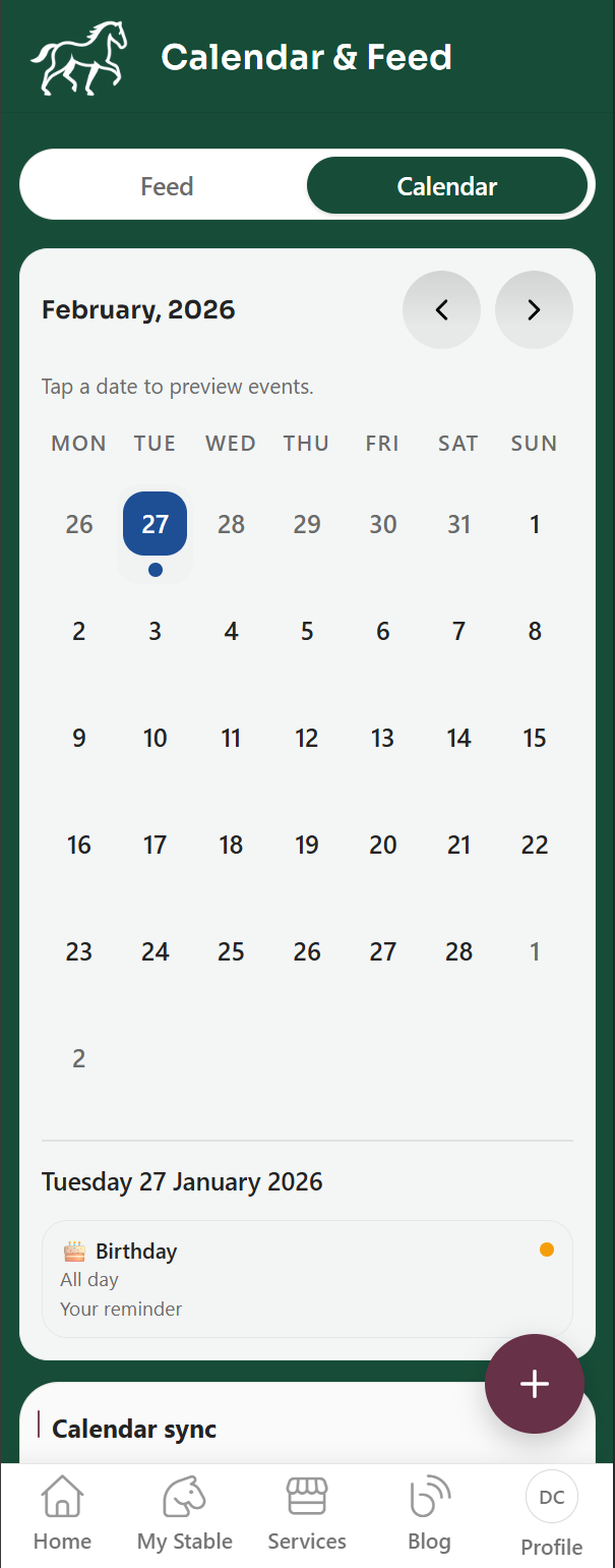Calendar tab showing monthly events