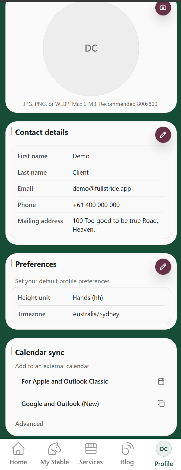 My Profile with Calendar sync card